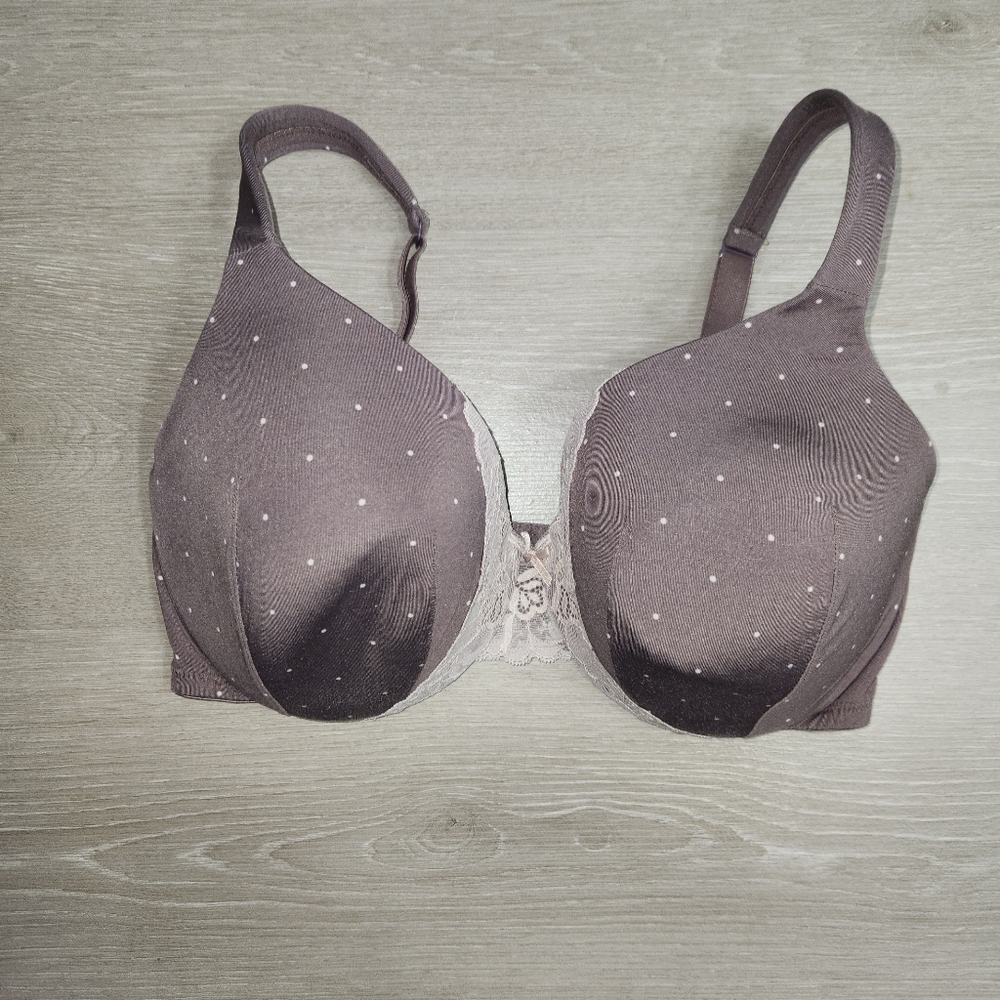 Cacique 38DDD Lightly Lined Full Coverage Bra Purple Pink Polkadots Lace, Padded